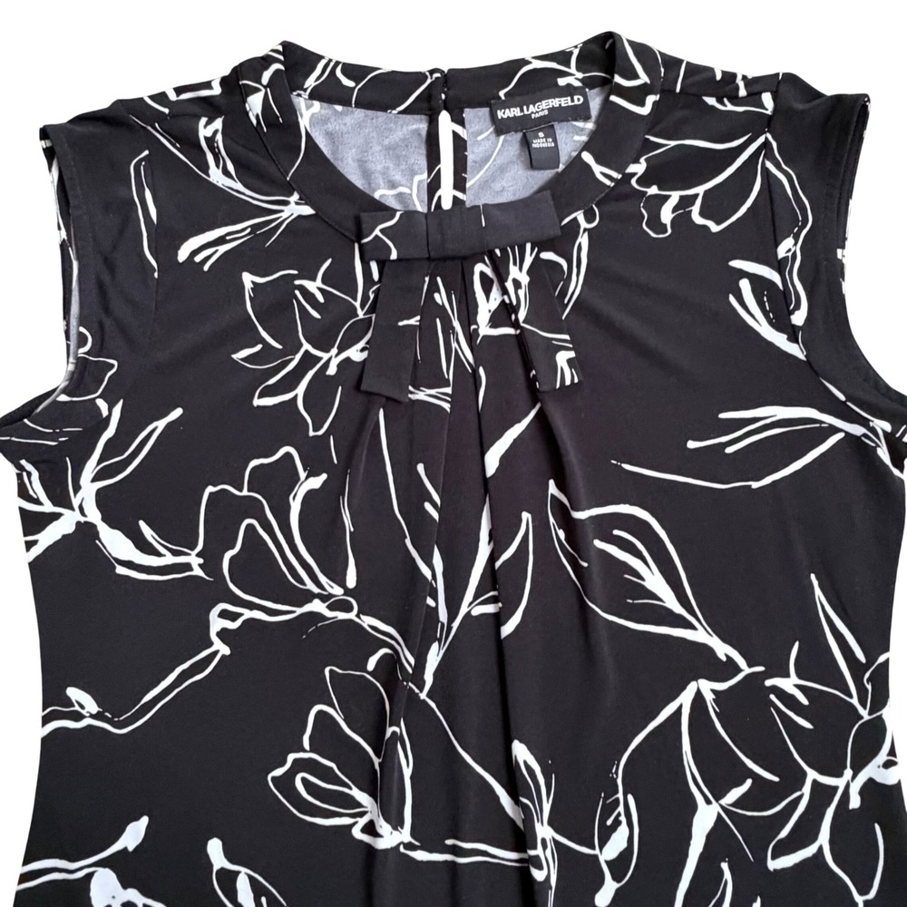 Karl Lagerfeld Paris Black White Floral Sleeveless Bow Neck Top Women's Size S - Picture 3 of 9